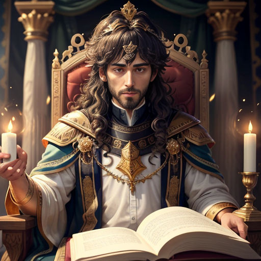 a man in a crown sitting in a chair with a book and a candle in his hand and a book in his hand