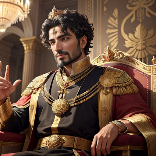 a man in a regal outfit sitting in a chair with a hand up in the air and a chandelier in the background
