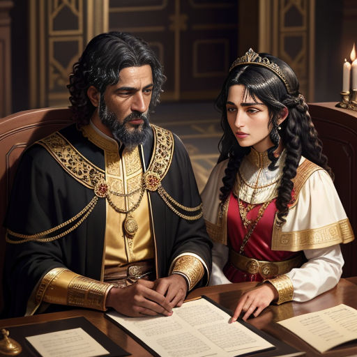 a man and woman sitting at a table with papers and candles in front of them, both wearing medieval costumes