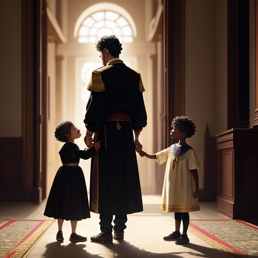 a man and two children holding hands in a hallway of a building with a doorway and a carpeted floor