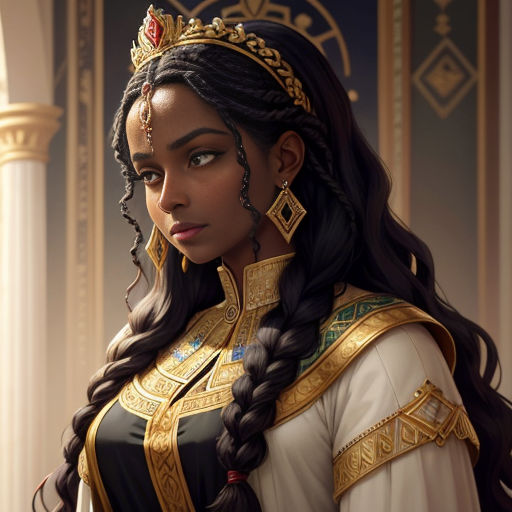 a woman in a costume with braids and a crown on her head, standing in front of a pillar