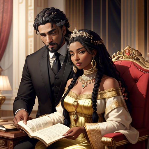 a man and woman dressed in renaissance clothing sitting on a red chair reading a book together in a fancy room