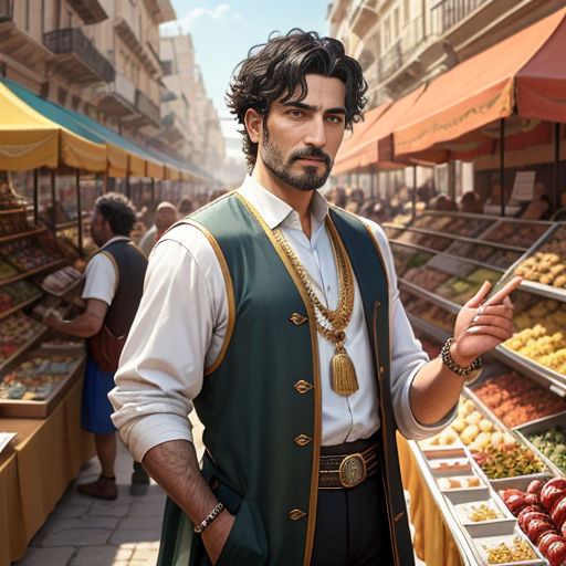a man in a green vest and a white shirt is standing in front of a fruit stand with a variety of fruits