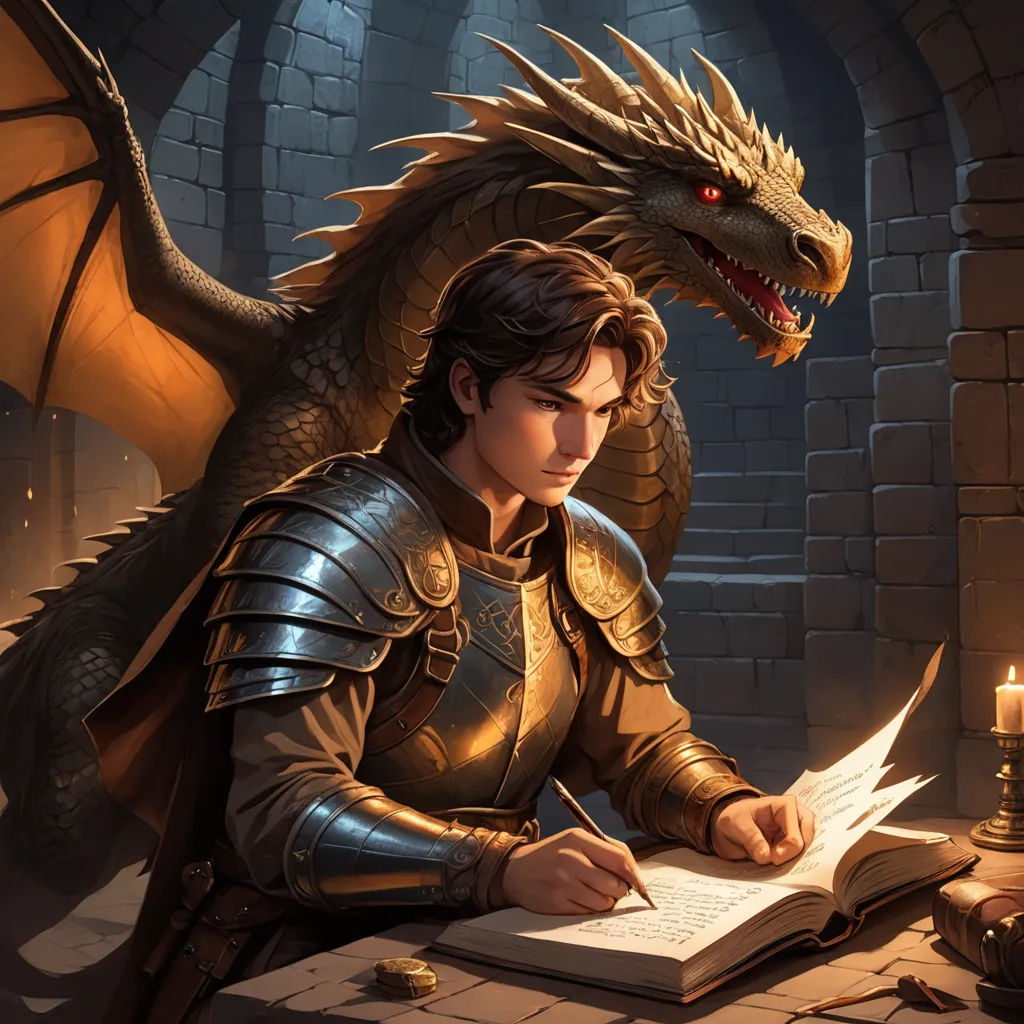 a man in a armor writing on a book with a dragon on his head and a candle in front of him, fantasy art, a storybook illustration, Clint Cearley, epic fantasy character art