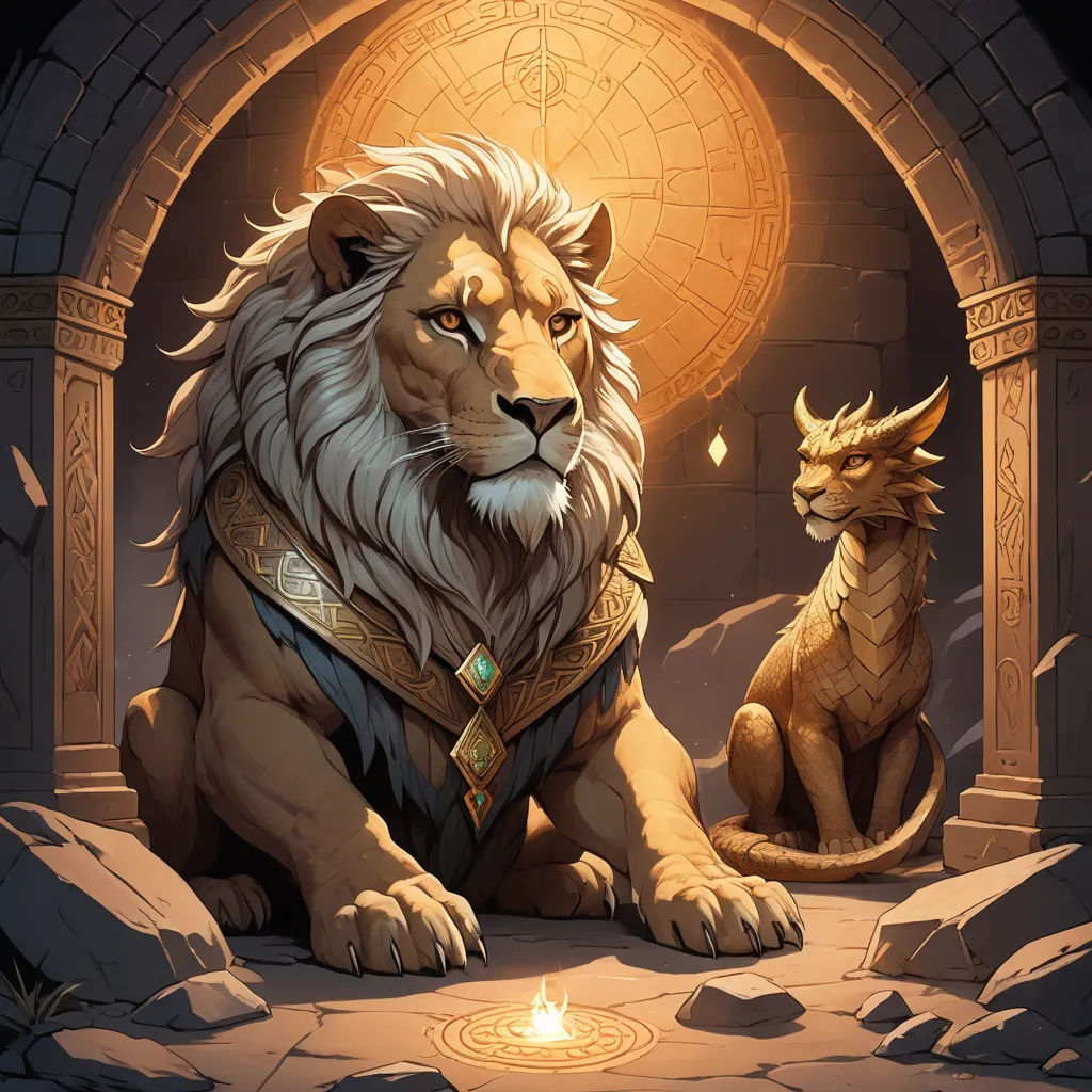 a lion and a dragon sitting in a cave with a sun shining through the window behind them, and a stone archway with a doorway leading to another lion, fantasy art, a storybook illustration, Clint Cearley, magic the gathering artwork