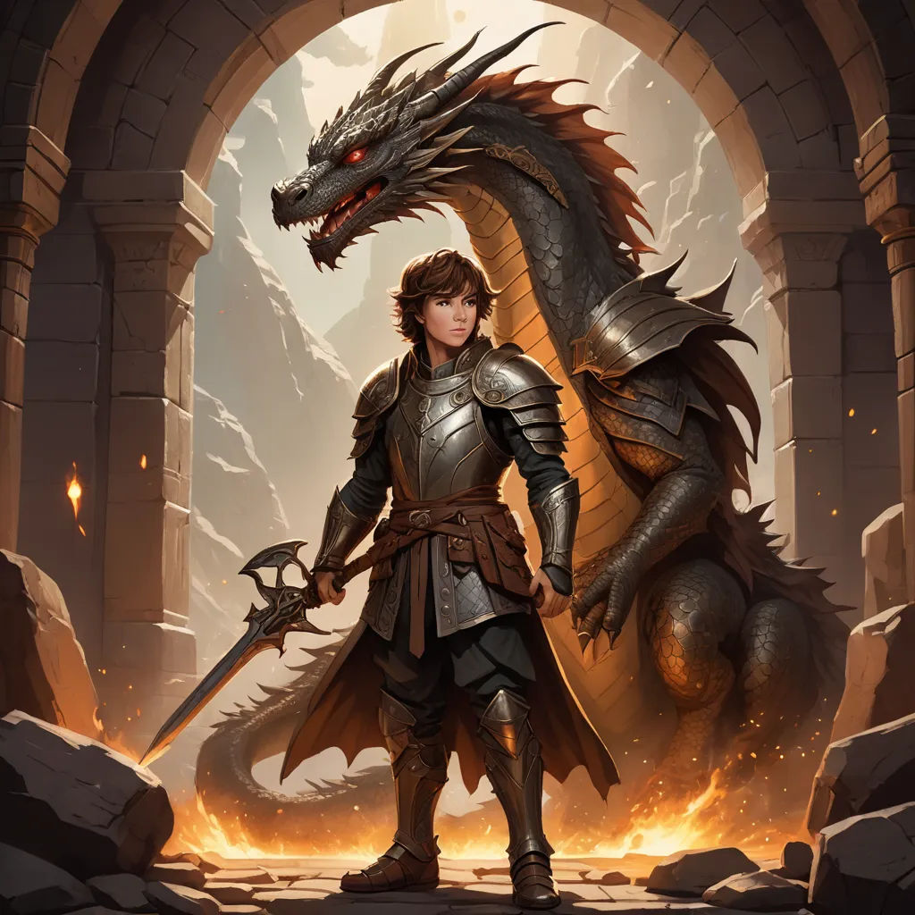 a man in armor standing next to a dragon with a sword in his hand and a sword in his hand, fantasy art, concept art, Clint Cearley, epic fantasy character art