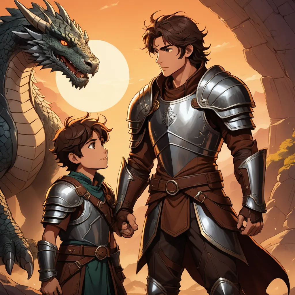 a man and a woman standing next to a dragon in a cave with a sunset behind them and a man in armor, fantasy art, a storybook illustration, Brothers Hildebrandt, official art
