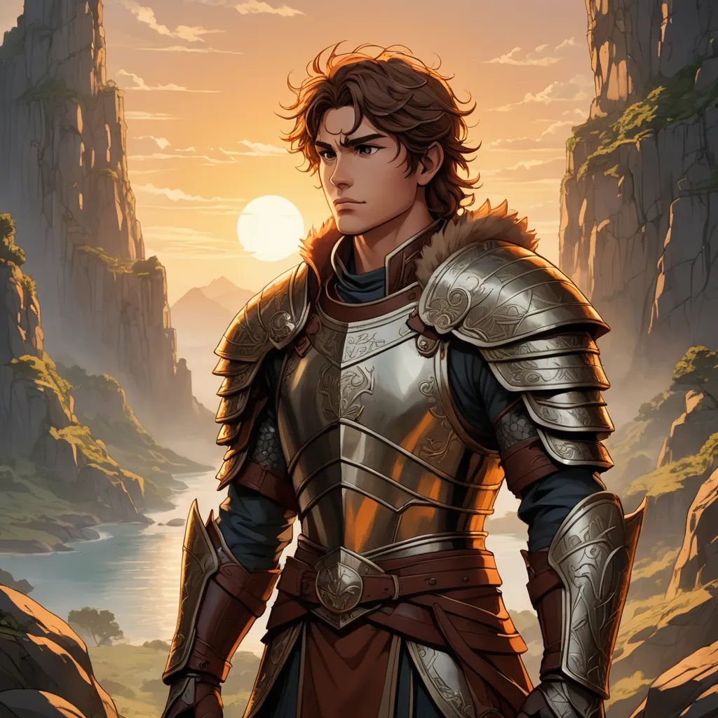 a man in armor standing in front of a mountain range at sunset with a river running through it and a sun setting behind him, fantasy art, a character portrait, Cedric Seaut (Keos Masons), epic fantasy character art
