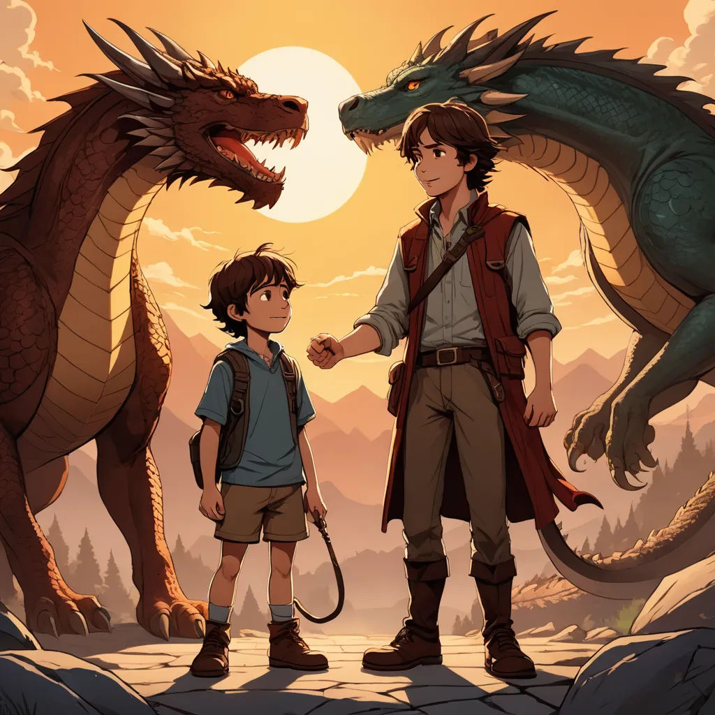 a boy and a boy are standing next to a dragon and a boy is holding hands with a dragon, fantasy art, a storybook illustration, Diego Gisbert Llorens, dragon art