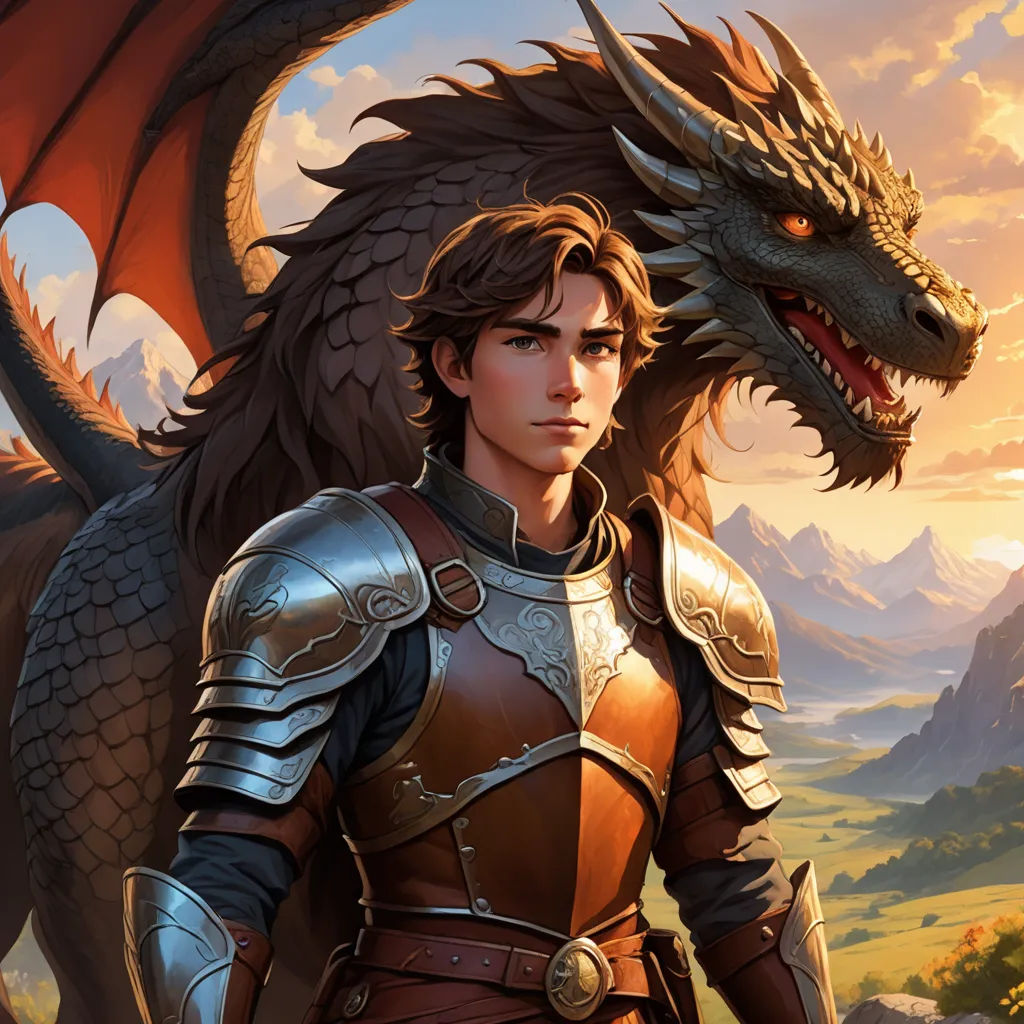 a young man in armor standing next to a dragon on a mountain side with a sunset in the background, fantasy art, a character portrait, Cedric Seaut (Keos Masons), epic fantasy character art