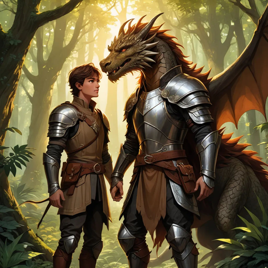 a couple of people standing next to each other in a forest with a dragon on their back and a man in armor, fantasy art, a storybook illustration, Brothers Hildebrandt, official art