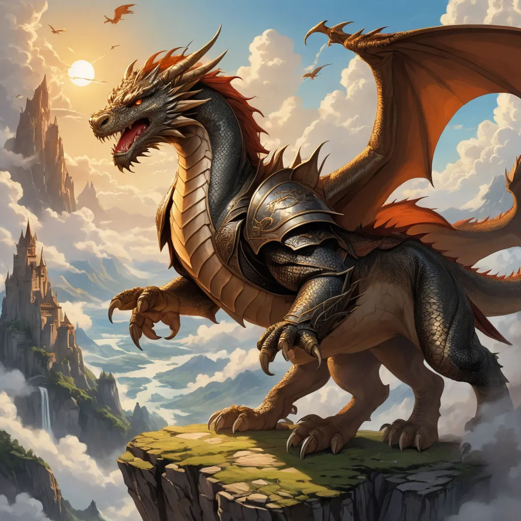 a dragon with a helmet on standing on a cliff above a castle in the sky with clouds and birds, fantasy art, concept art, Clint Cearley, magic the gathering artwork