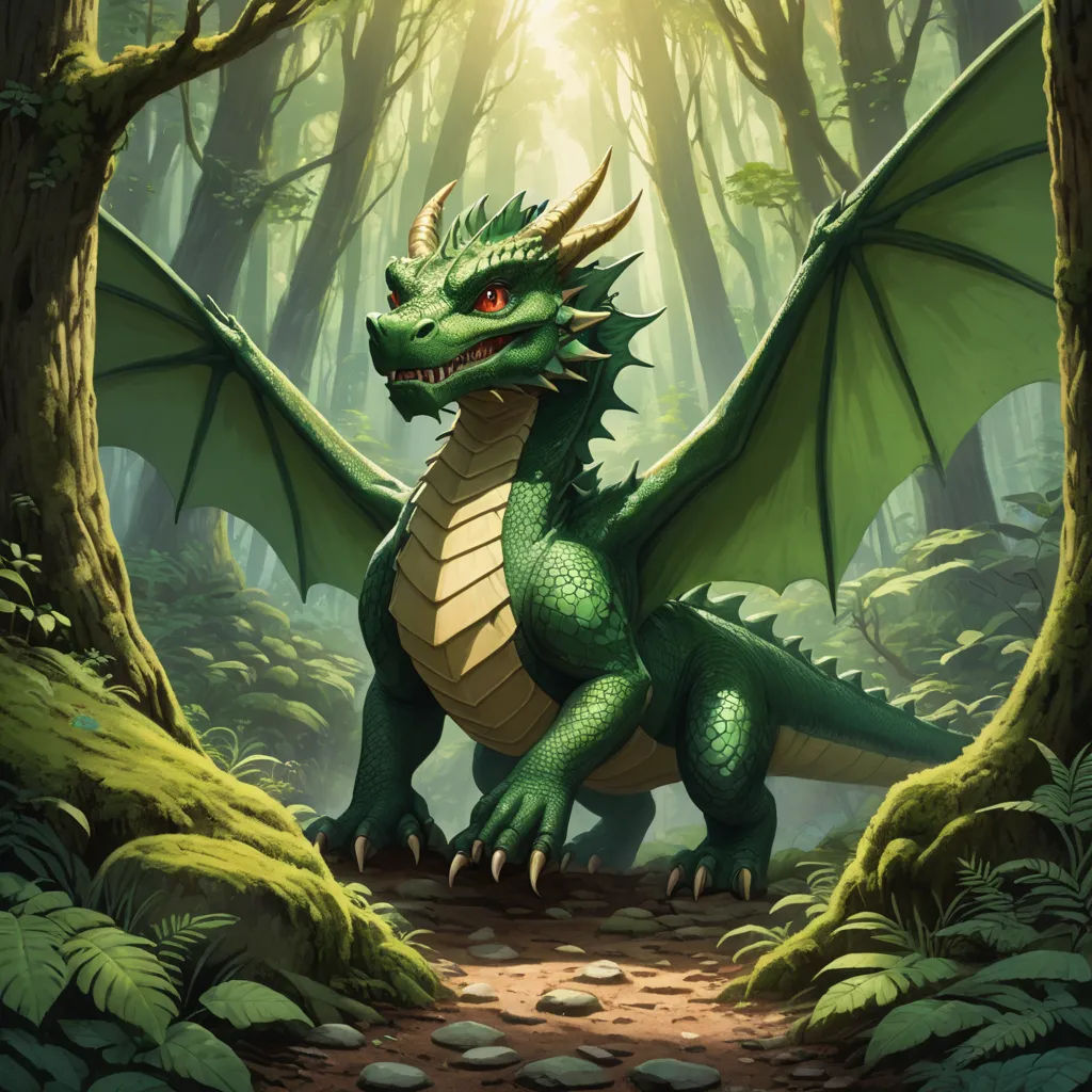 a green dragon standing in a forest with trees and rocks on the ground and a path leading to it, fantasy art, a storybook illustration, Anne Stokes, dragon art