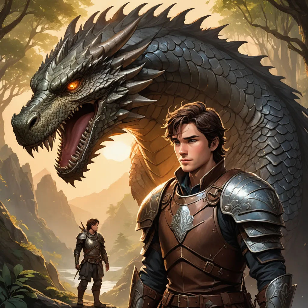 a man in armor standing next to a dragon in a forest with a man standing next to him in front of him, fantasy art, a storybook illustration, Cedric Seaut (Keos Masons), epic fantasy
