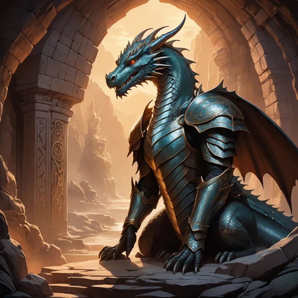 a dragon sitting in a cave with a stone archway behind it and a stone wall behind it, with a stone archway leading into the distance, fantasy art, concept art, Clint Cearley, magic the gathering artwork