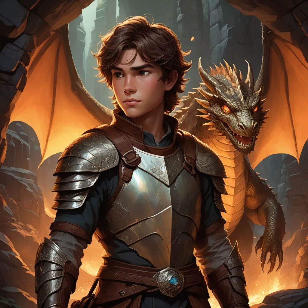 a young man in armor standing next to a dragon in a cave with a glowing light behind him and a glowing light behind him, fantasy art, a character portrait, Clint Cearley, epic fantasy character art