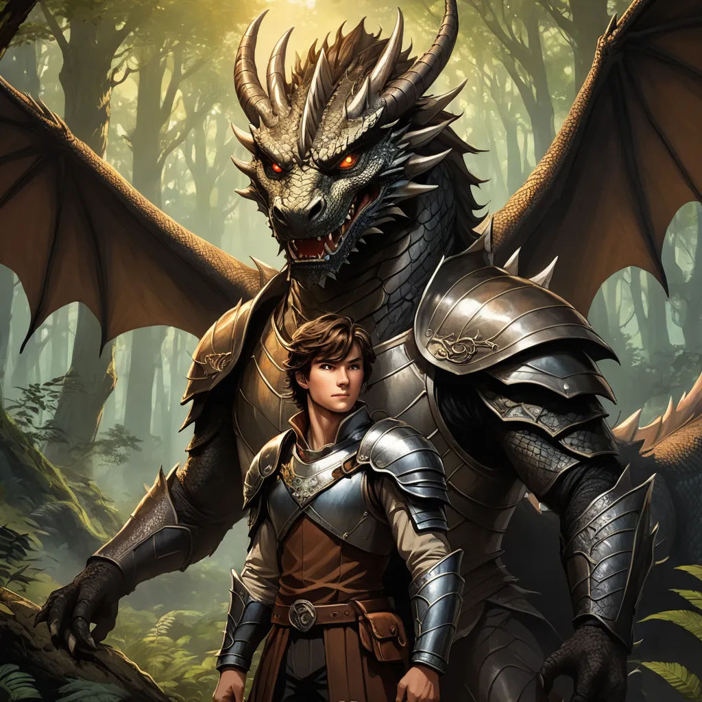 a man and a woman standing next to each other in a forest with a dragon on their back and a forest background, sots art, a storybook illustration, Clint Cearley, key art