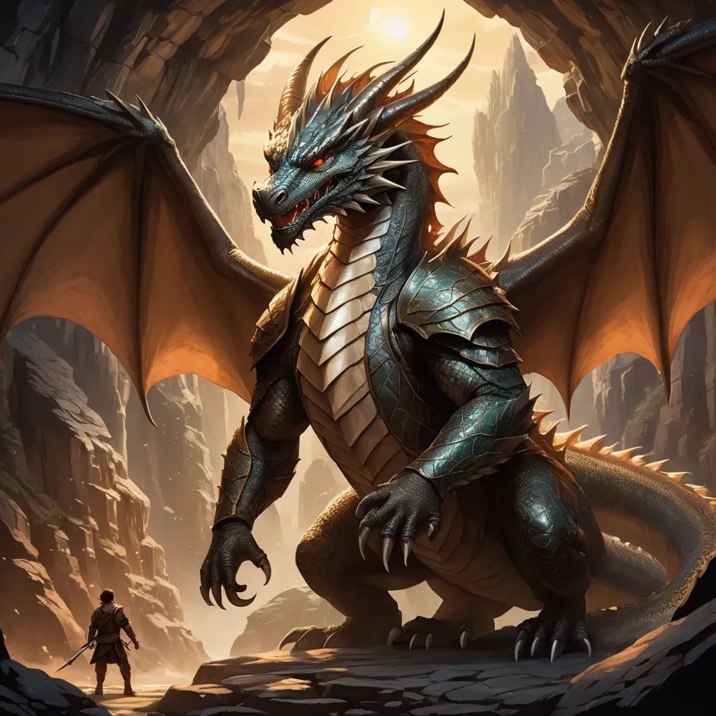 a dragon with a man in the background in a cave with a giant rock formation in the foreground, fantasy art, concept art, Clint Cearley, magic the gathering artwork