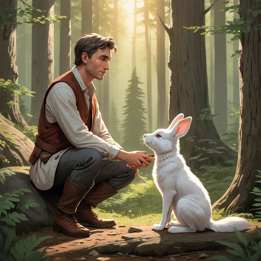 a man kneeling down next to a white dog in a forest with trees and grass behind him and a forest with trees and grass behind him, magical realism, a storybook illustration, Aaron Jasinski, official art