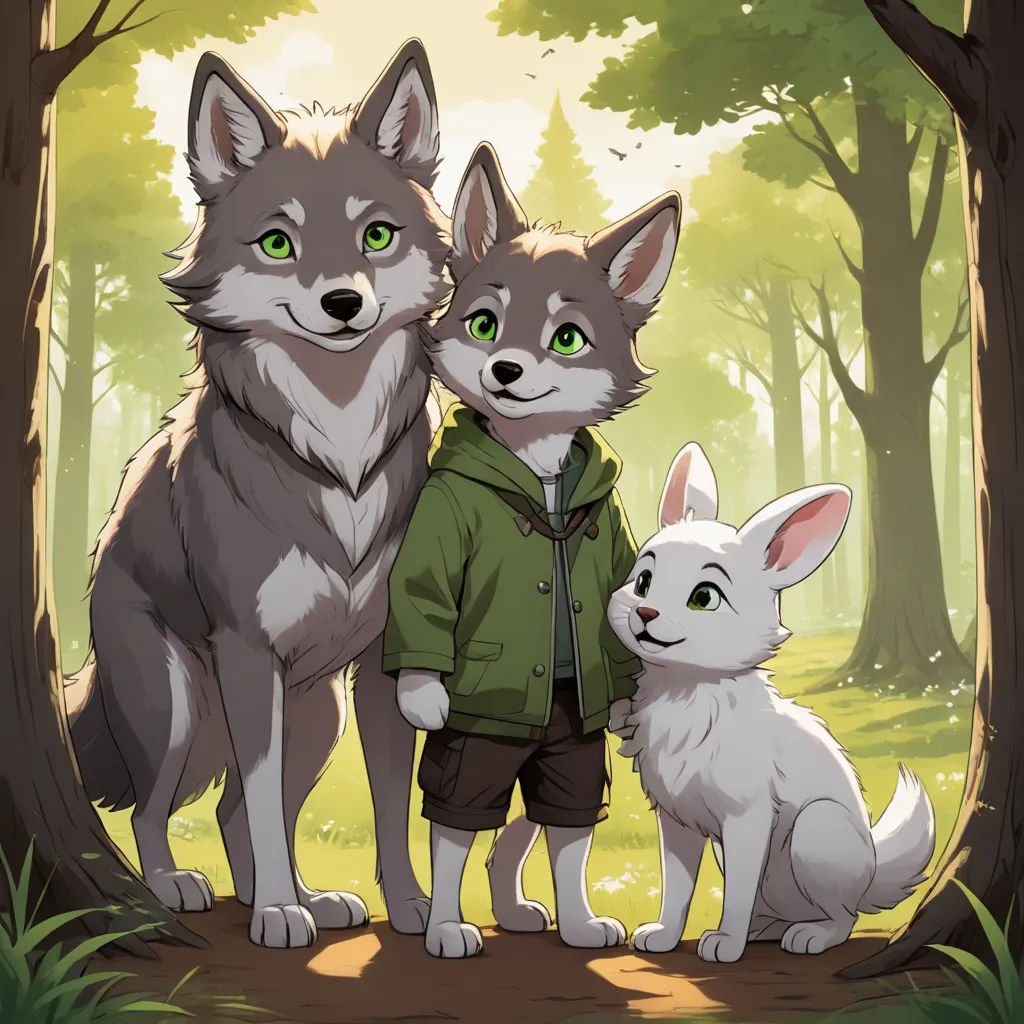 a couple of animals standing next to each other in a forest with trees and grass behind them and a person standing next to them, furry art, a storybook illustration, Bálint Kiss, official art