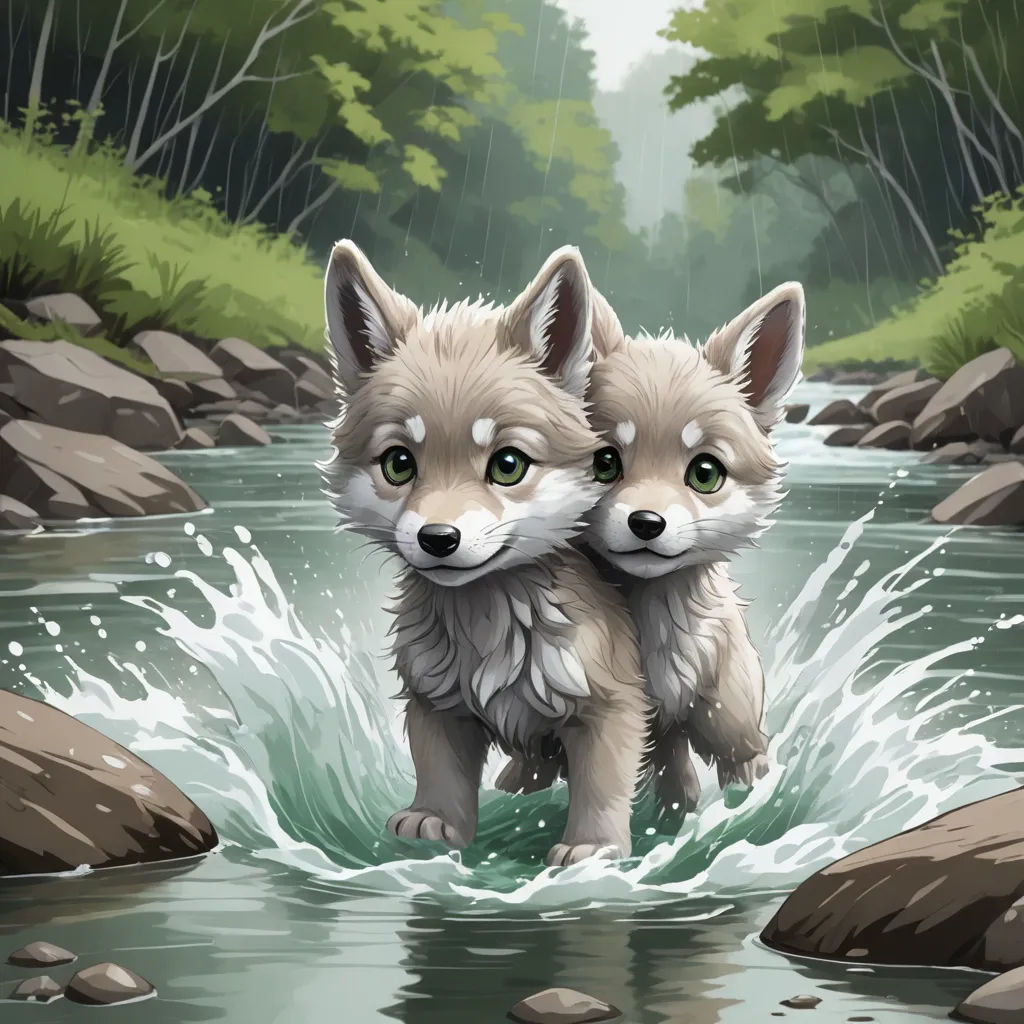 two foxes are standing in a river with rocks and trees in the background and one is looking at the camera, furry art, a digital painting, Cyril Rolando, trending on art station