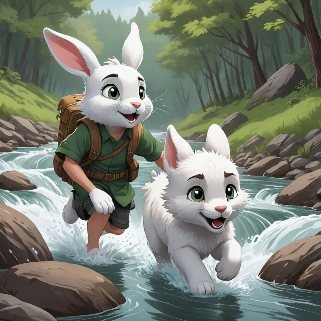 a cartoon character is running through a river with a white rabbit in his lap and a backpack on his back, furry art, a storybook illustration, Aaron Jasinski, trending on art station