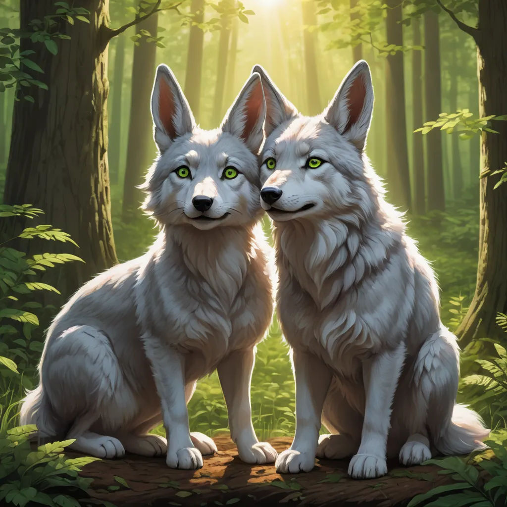 two white foxes sitting in the woods with green eyes and green eyes, facing each other, with the sun shining through the trees behind them, furry art, a painting, Brothers Hildebrandt, magic the gathering artwork