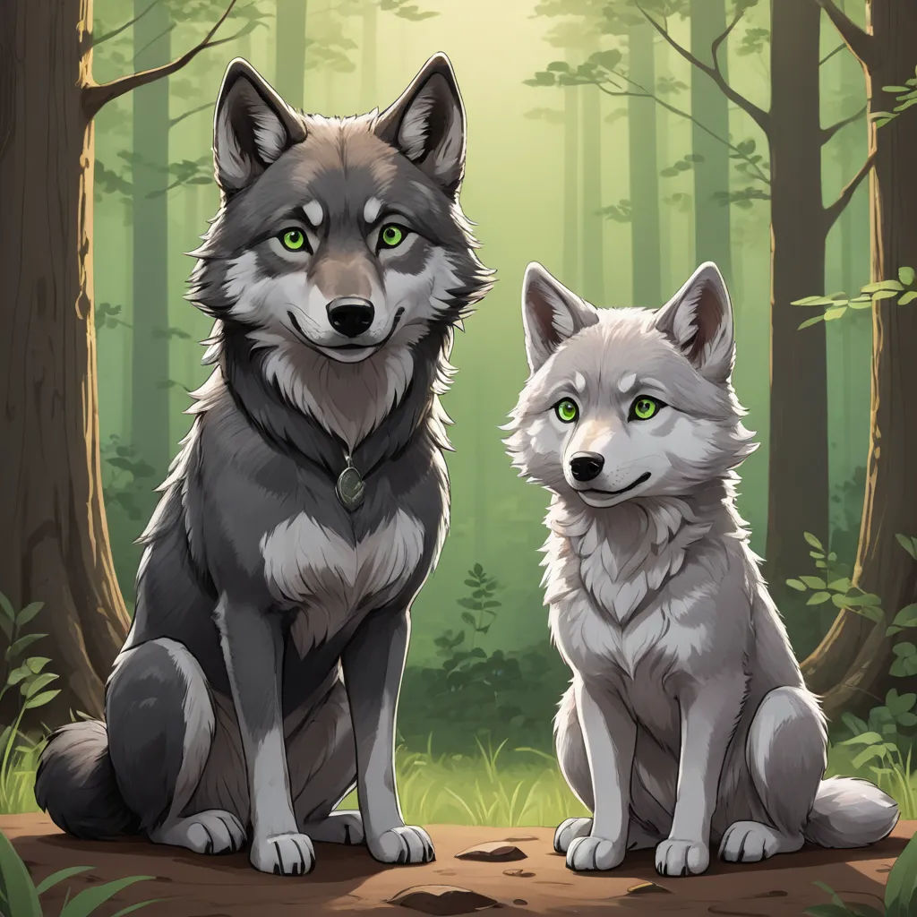 a couple of animals sitting next to each other in a forest with trees and grass behind them, with a light shining on the ground, furry art, a detailed painting, Caspar Wolf, official art