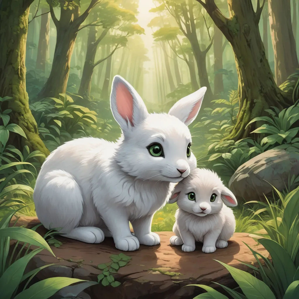a white rabbit and a white kitten sitting in a forest together, with sunlight streaming through the trees behind them, furry art, a storybook illustration, Brothers Hildebrandt, official art
