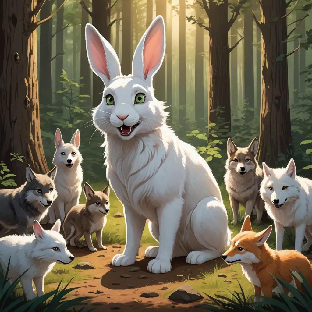 a painting of a rabbit surrounded by other animals in a forest with sunlight shining through the trees and grass, furry art, a storybook illustration, Diego Gisbert Llorens, official art