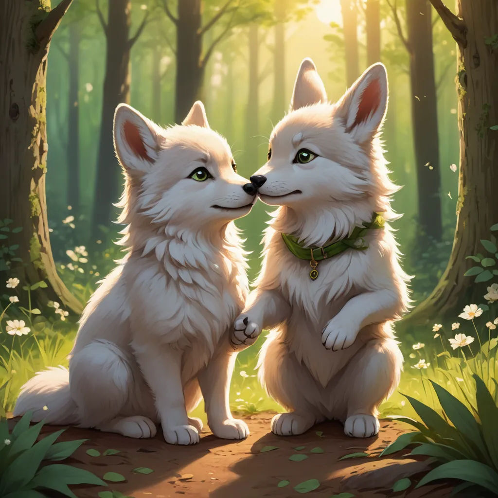 two white dogs sitting in the woods with their noses touching each other's noses with their paws,, furry art, a fine art painting, Bálint Kiss, official art