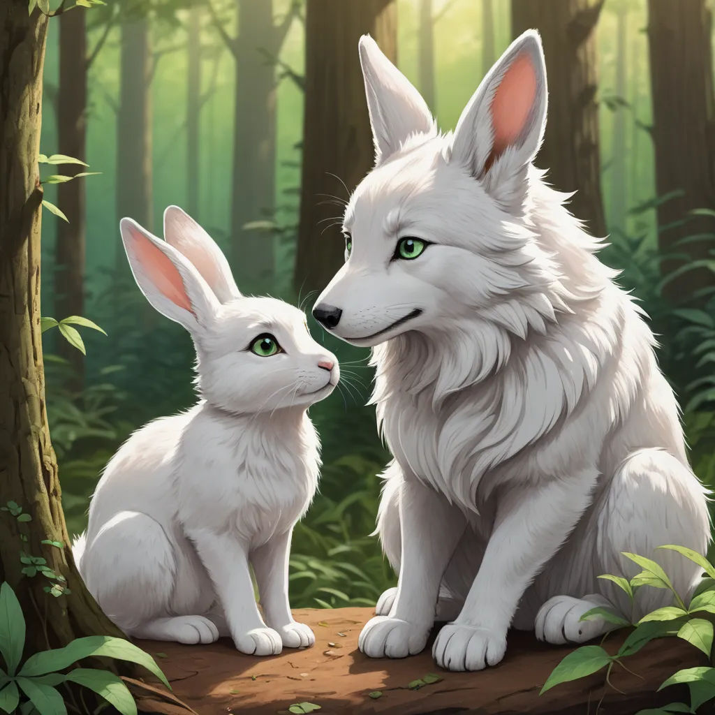 a white dog and a white rabbit sitting in the woods together, looking at each other with green eyes, furry art, a storybook illustration, Caspar Wolf, official art