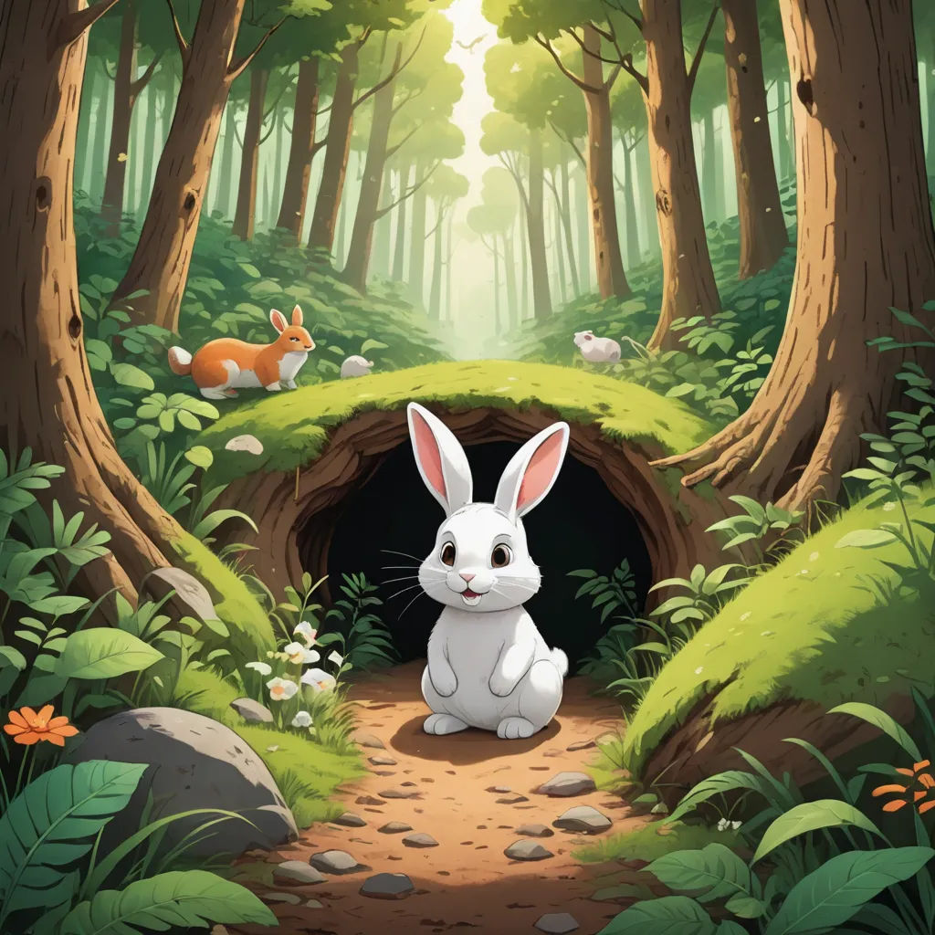 a rabbit sitting in the middle of a forest with a hole in the ground and a fox in the background, magical realism, a storybook illustration, Beatrix Potter, rossdraws global illumination