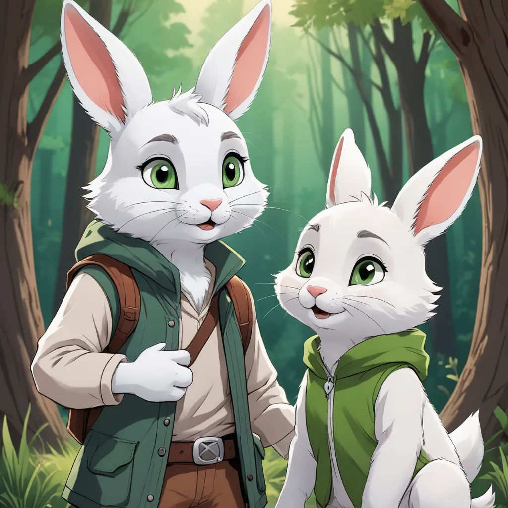 a couple of rabbits standing next to each other in a forest with trees and grass behind them, with a man in a vest and a vest, furry art, a storybook illustration, Felix-Kelly, official art