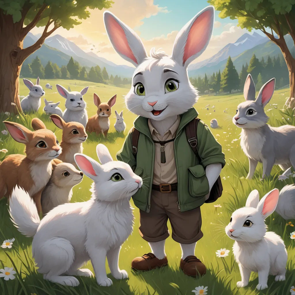 a painting of a man standing in a field with rabbits in front of him and a forest in the background, furry art, a storybook illustration, Aaron Jasinski, official art