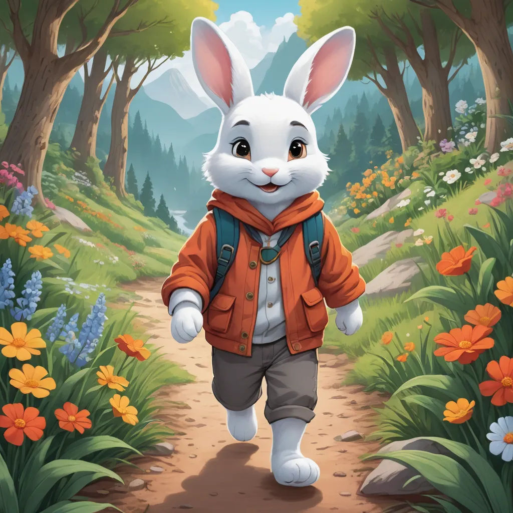 a cartoon bunny is walking through a forest with flowers and trees in the background, and a man in a jacket is on the path, furry art, a storybook illustration, Beatrix Potter, official art