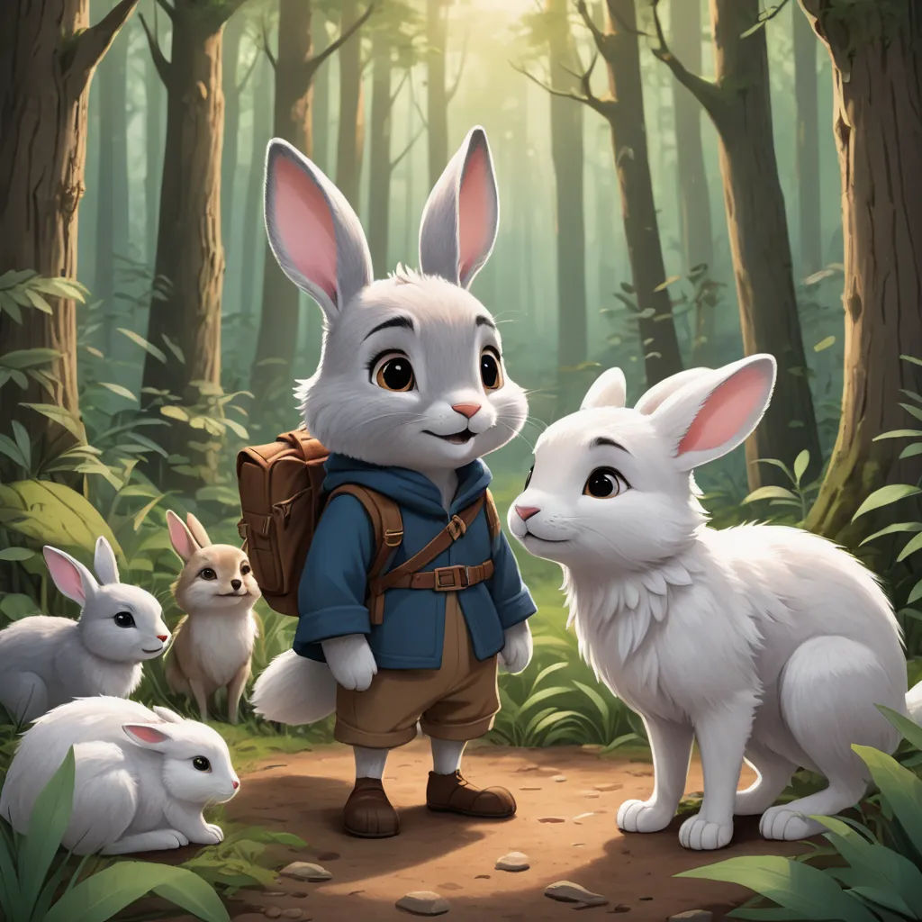 a rabbit with a backpack and some rabbits in the woods by a forest path with trees and grass, with sunlight shining through the trees, furry art, a storybook illustration, Aaron Jasinski, official art