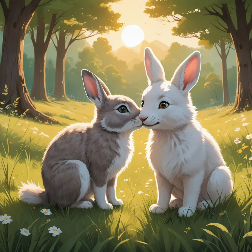 a painting of two rabbits sitting in a field of grass with trees in the background and the sun shining through the trees, furry art, a storybook illustration, Bálint Kiss, official art