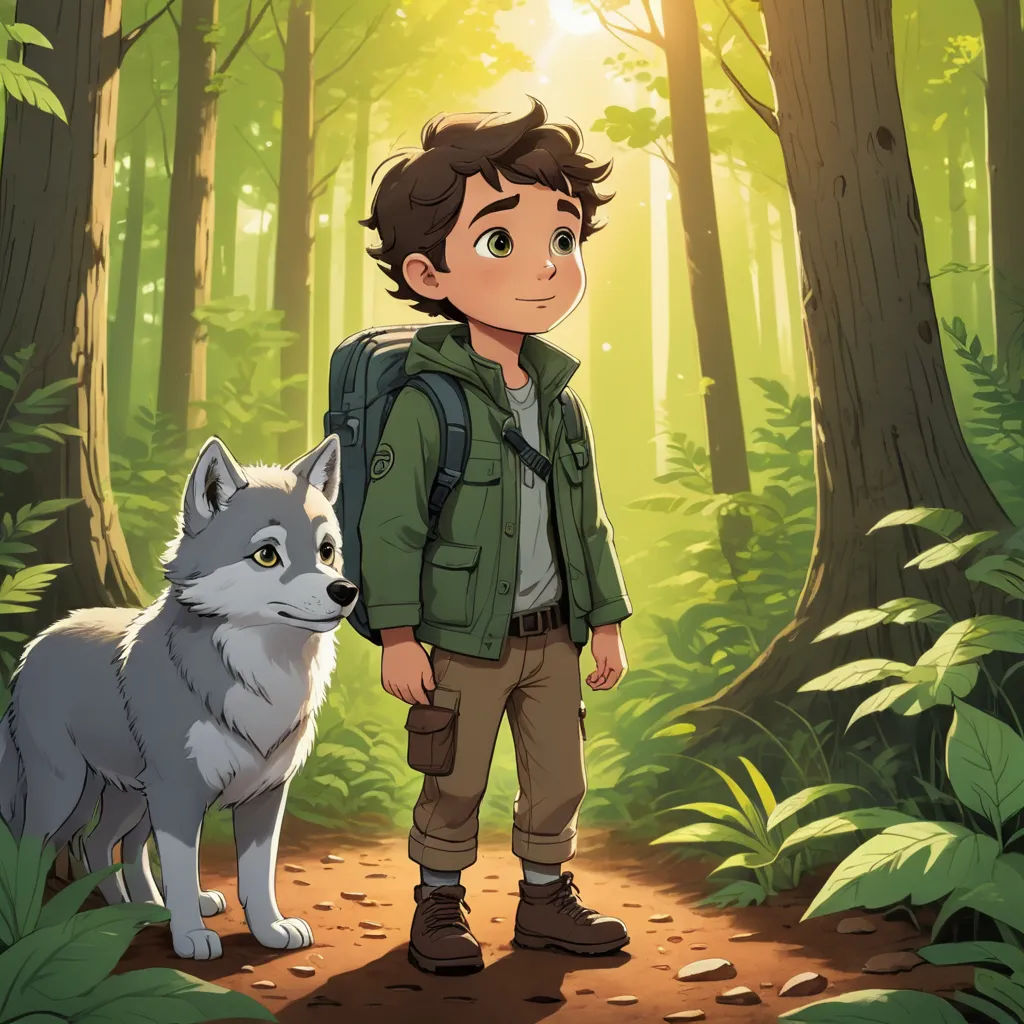 a boy with a backpack standing in the woods with a wolf behind him and a forest background with trees, sots art, concept art, Diego Gisbert Llorens, official art
