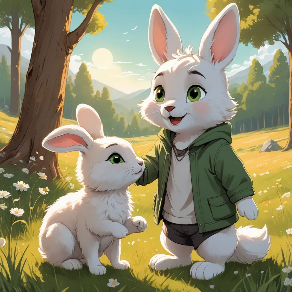 a cartoon bunny and a rabbit in a field of grass with trees and flowers in the background, with a person holding the rabbit's hand, furry art, a storybook illustration, Aaron Jasinski, official art