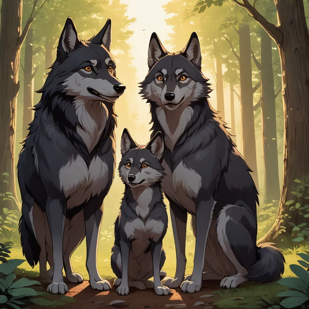 a couple of animals that are sitting in the grass near trees and bushes in the woods with sunlight coming through the trees, furry art, concept art, Caspar Wolf, official art