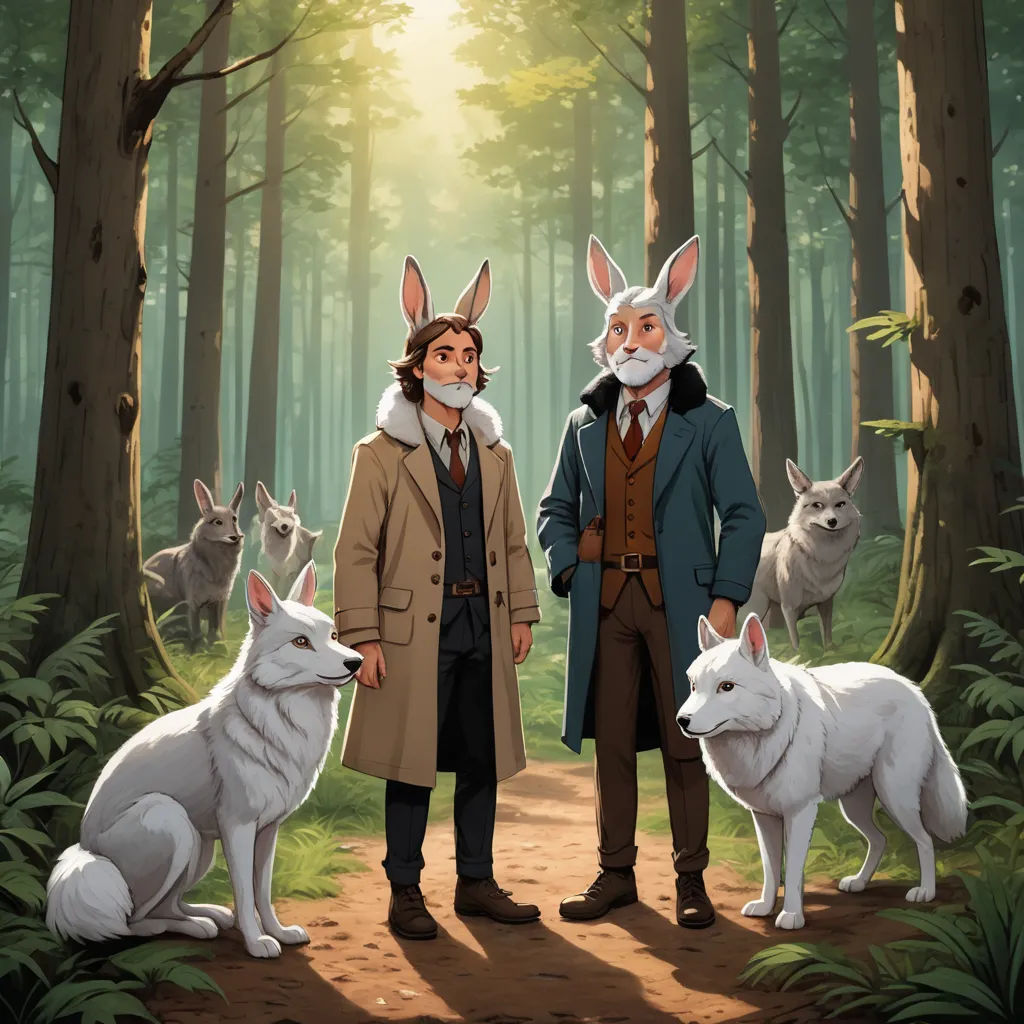 a painting of two people standing in the woods with two dogs and two rabbits behind them, with a forest background, furry art, a storybook illustration, Brothers Hildebrandt, official art