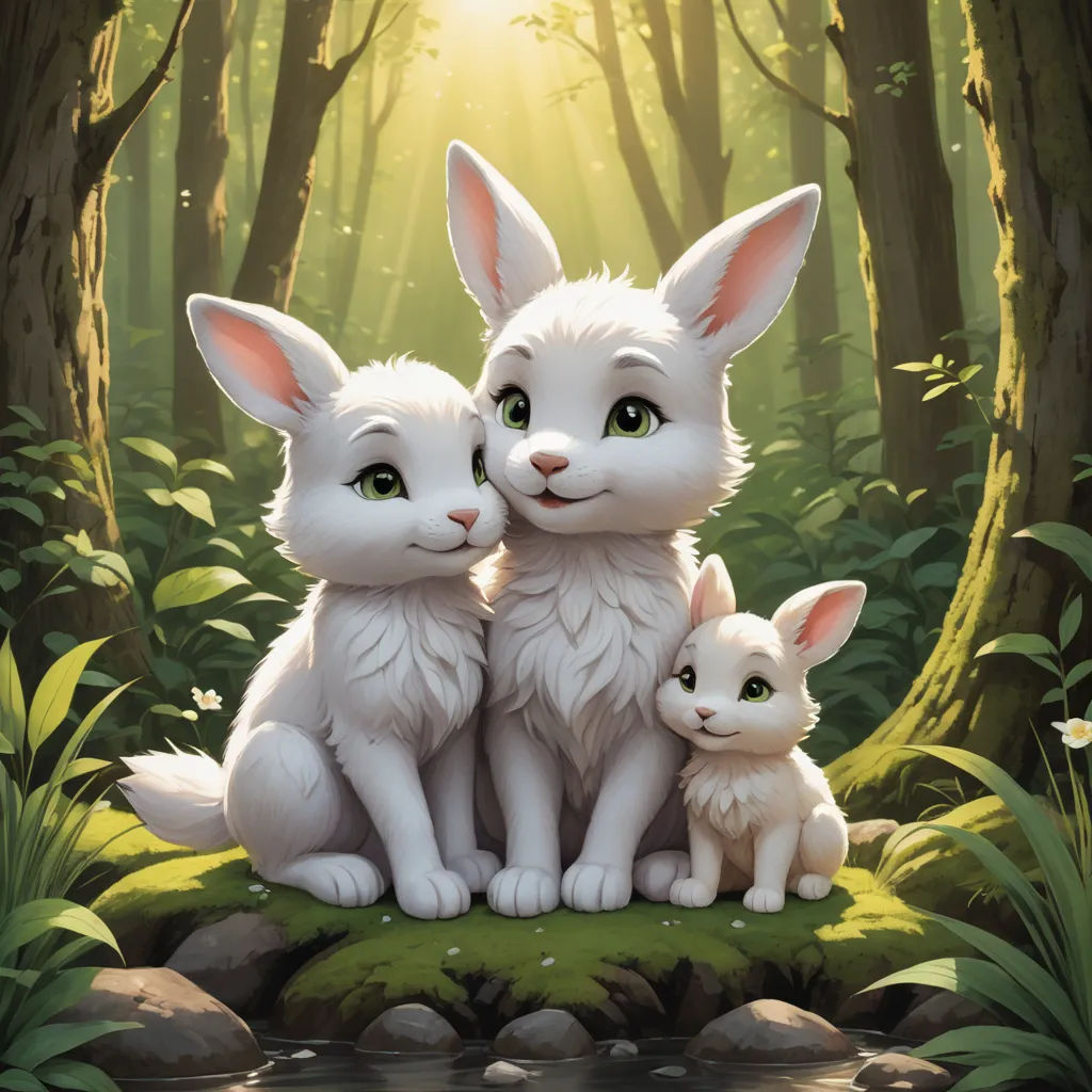 a painting of two white rabbits sitting next to each other in a forest with a stream running through it, furry art, a storybook illustration, Anne Said, official art