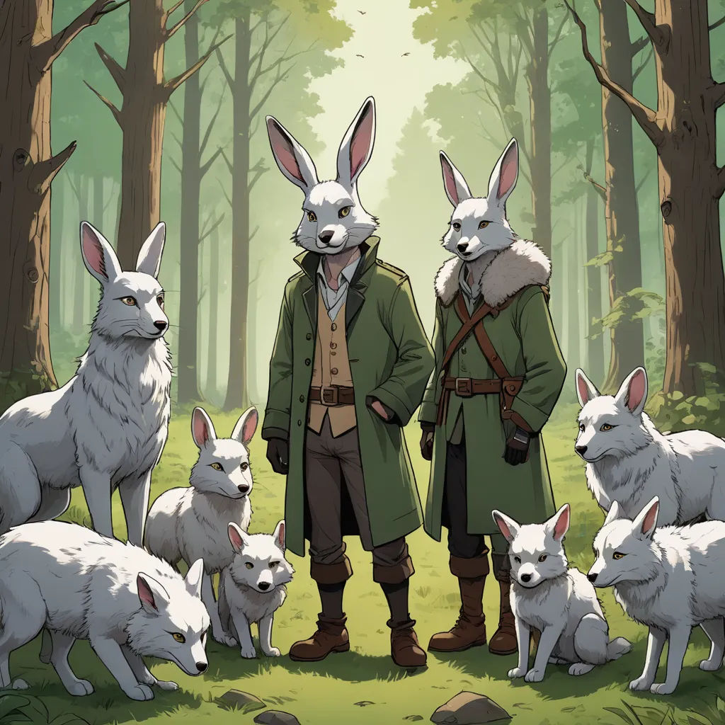 a man standing in front of a group of rabbits in a forest with a forest background and a forest scene, furry art, concept art, Brothers Hildebrandt, comic cover art