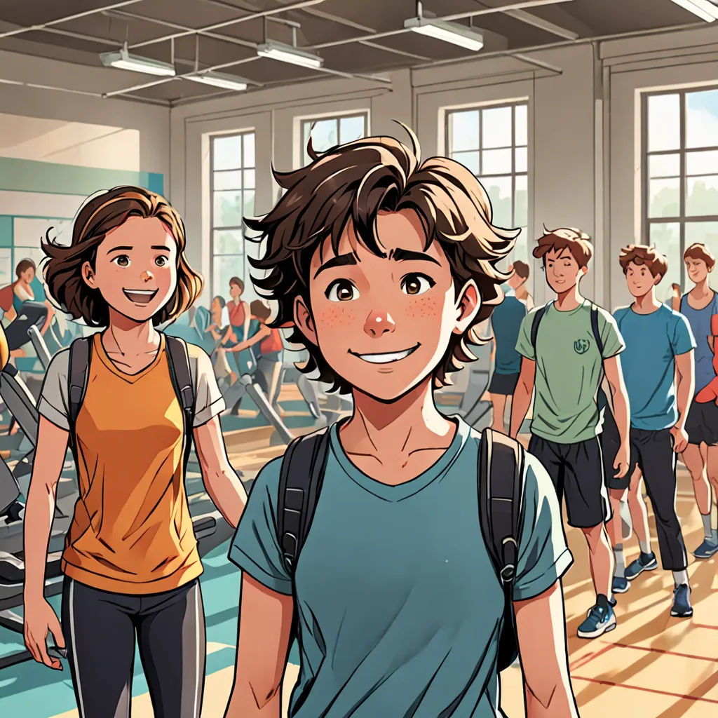 a group of people standing in a gym with a woman smiling at the camera and a man standing behind them, paris school, a comic book panel, Cedric Seaut (Keos Masons), official art