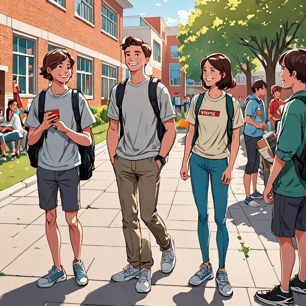 a group of people walking down a sidewalk next to a building with a tree in the background and a person holding a cell phone, vancouver school, a comic book panel, Atey Ghailan, rossdraws global illumination