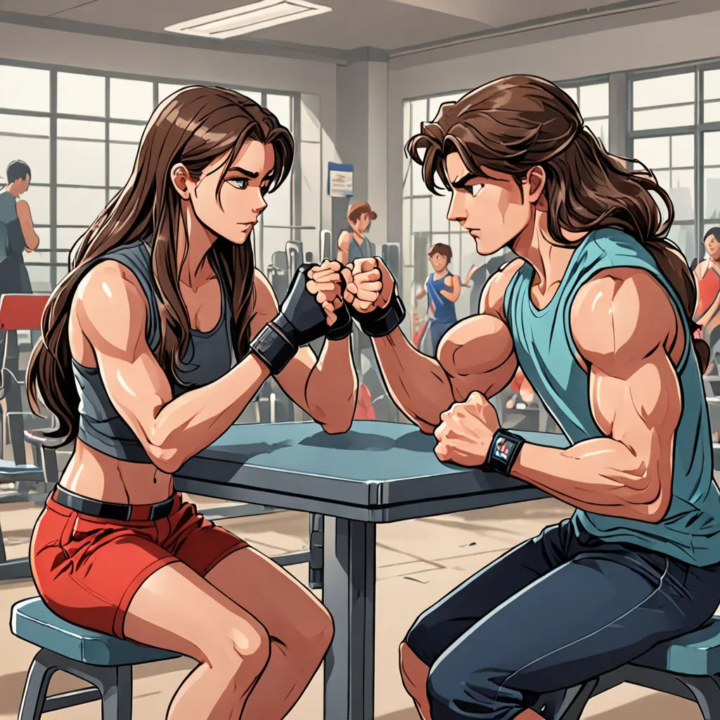 a man and woman sitting at a table with their arms crossed and fists crossed in front of them, while a man in a blue shirt and red shorts stands next to a woman, remodernism, concept art, Artgerm, masculine