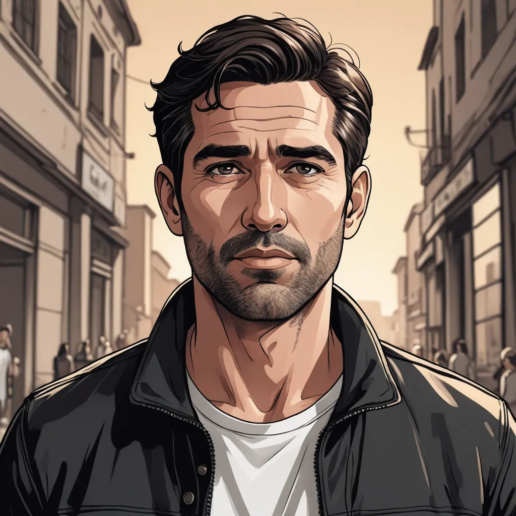 a man in a black jacket is standing in a street with people in the background and a brown background, serial art, a character portrait, Amir Zand, character portrait