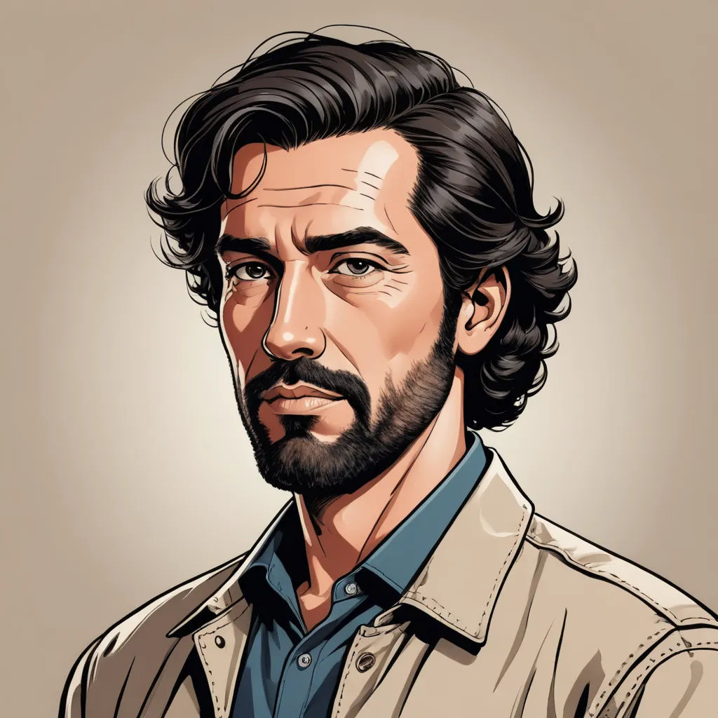 a man with a beard and a beard in a shirt and jeans is looking at the camera with a serious look on his face, serial art, a character portrait, Diego Gisbert Llorens, character portrait