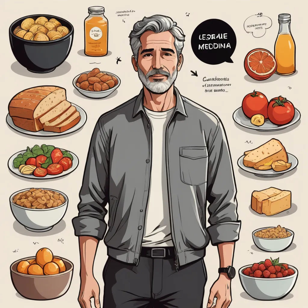 a man standing in front of a bunch of food items on a table with a bottle of orange juice, figurativism, a character portrait, Eddie Mendoza, detailed illustration